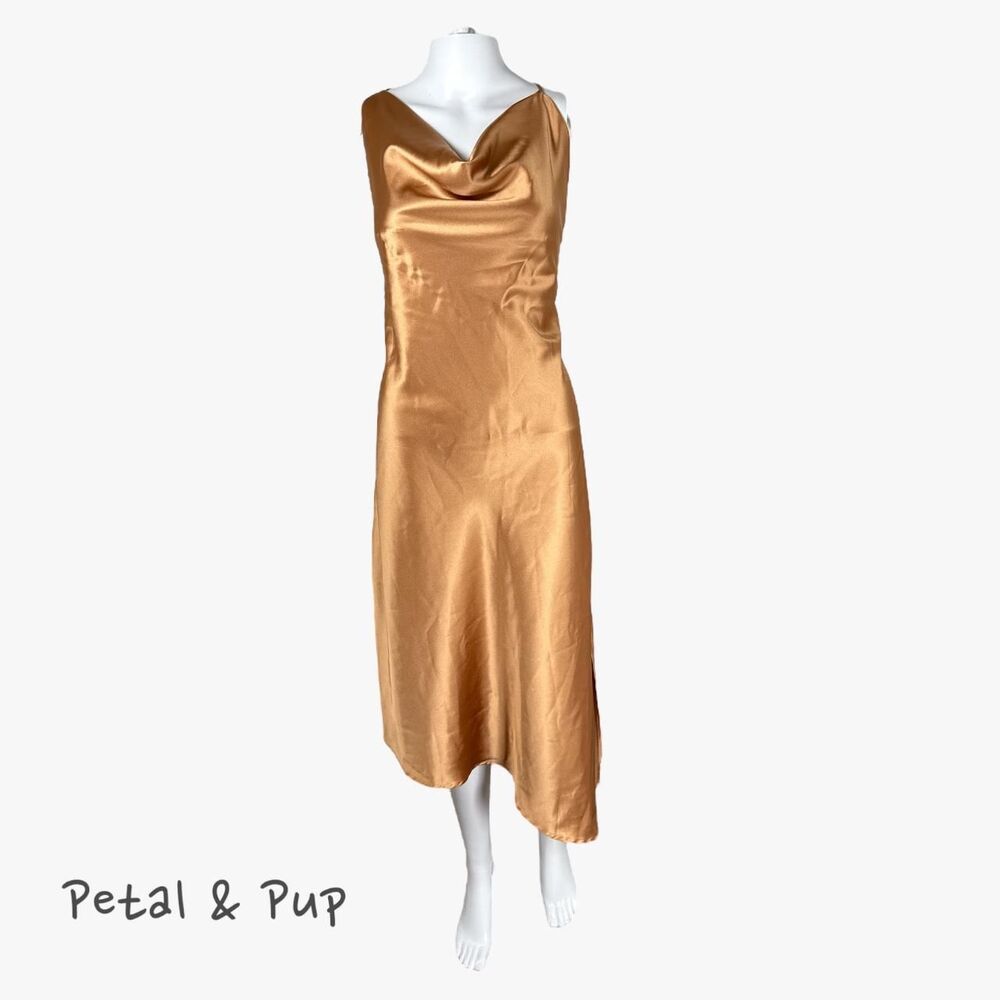 Petal & Pup Asymmetrical Satin Midi Dress in Gold Size 10 Glam Party